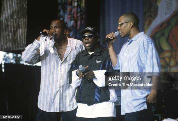 Tip, Phife Dawg, and Ali Shaheed Muhammad of A Tribe Called Quest perform during Smokin' Grooves at Shoreline Amphitheatre on September 1, 1996 in...