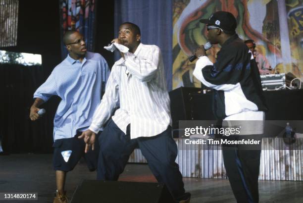 Ali Shaheed Muhammad, Q-Tip, and Phife Dawg of A Tribe Called Quest perform during Smokin' Grooves at Shoreline Amphitheatre on September 1, 1996 in...