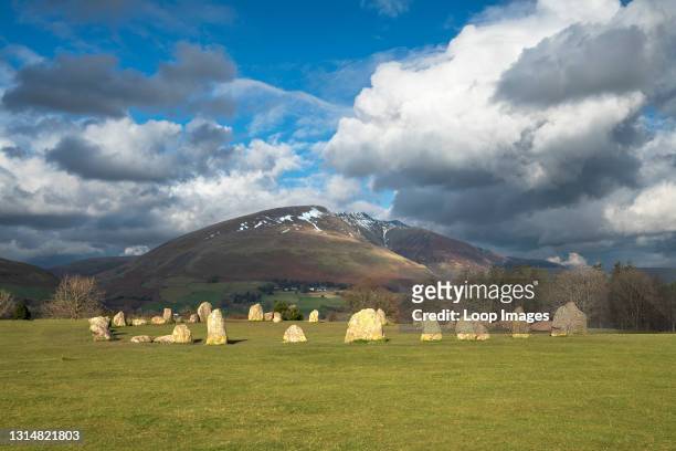 Castlerigg Stone Circle with Blencathra mountain behind in the Lake District National Park.