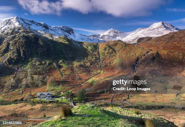 Snow capped Mount Snowdon viewed across Nant Gwynant in Snowdonia.