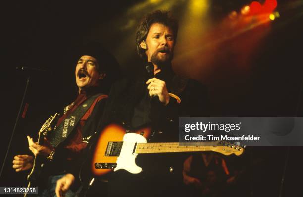 Kix Brooks and Ronnie Dunn of Brooks & Dunn perform at Shoreline Amphitheatre on September 21, 1996 in Mountain View, California.