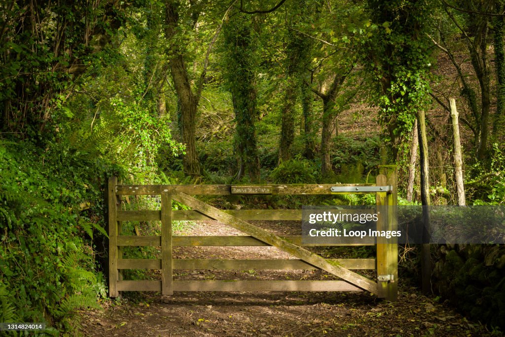 A gate at the entrance to Worthy Wood near Porlock Weir in the Exmoor National Park