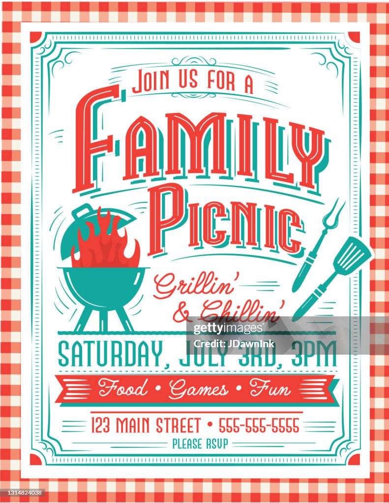 Trendige und stilisierte Familie Picknick BBQ Party Einladung Design Vorlage für Sommer-Cookouts und Feiern