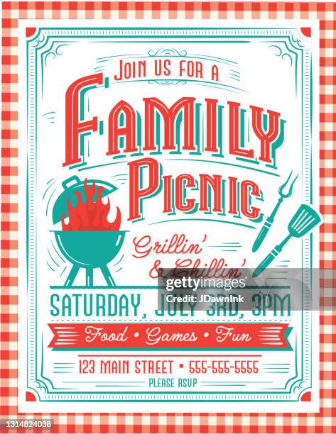 illustrations, cliparts, dessins animés et icônes de modèle de conception d’invitation de partie de pique-nique de famille à la mode et stylisé pour des barbecues et des célébrations d’été - repas entre amis