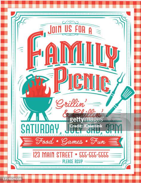 trendy and stylized family picnic bbq party invitation design template for summer cookouts and celebrations - family reunion stock illustrations