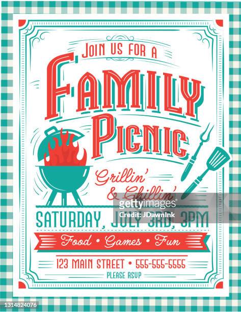 trendy and stylized family picnic bbq party invitation design template for summer cookouts and celebrations - party social event stock illustrations