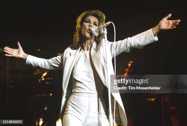 Celine Dion performs at Shoreline Amphitheatre on August 29, 1996 in Mountain View, California.