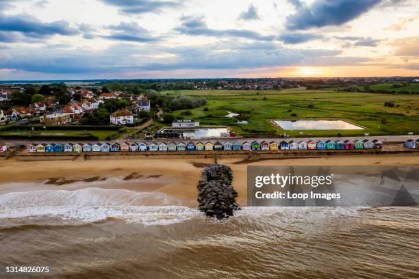 Aerial view of the beach huts in Southwold.