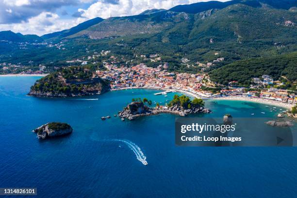 An aerial view of the small seaside town of Pargas in Greece.