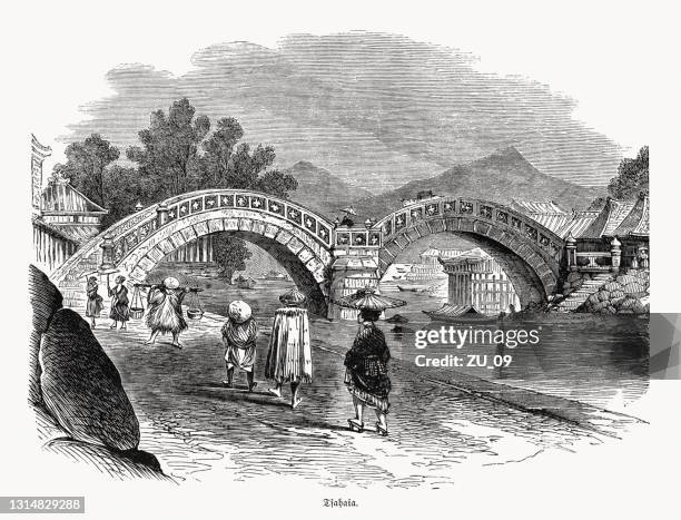 stockillustraties, clipart, cartoons en iconen met megane bridge, isahaya park, nagasaki, japan, houtgravure, gepubliceerd in 1868 - nagasaki prefecture