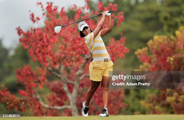Julieta Granada of Paraguay tees off during the second round of the Mizuno Classic at Kintetsu Kashikojima Country Club on November 5, 2011 in Shima,...