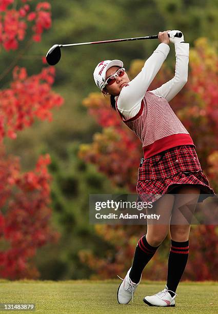 Ayako Uehara of Japan plays a shot during the second round of the Mizuno Classic at Kintetsu Kashikojima Country Club on November 5, 2011 in Shima,...