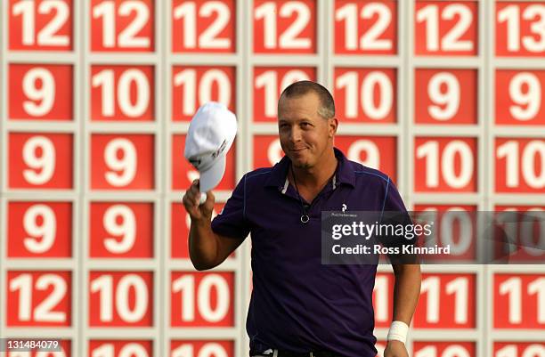 Fredrik Jacobson of Sweden celebrates after the third round of the WGC-HSBC Champions at Sheshan International Golf Club on November 5, 2011 in...