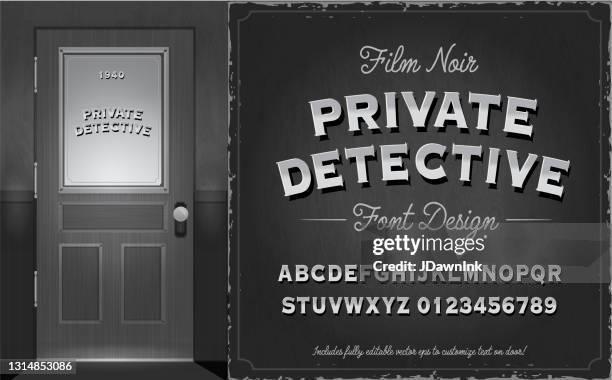stockillustraties, clipart, cartoons en iconen met film noir stijl detective of private investigator deur met font design bevat hoofdletters en cijfers alfabet set - film noir style