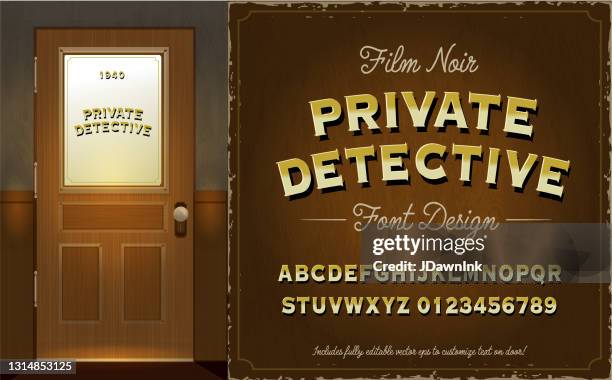 film noir stil detective oder private investigator tür mit font design enthält großbuchstaben und zahlen alphabet gesetzt - fond noir stock-grafiken, -clipart, -cartoons und -symbole