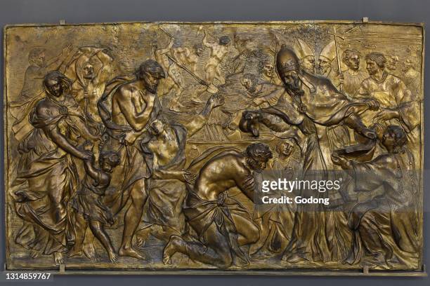 Louvre museum, Paris, France. Alessandro Algardi, Pope Liberius baptising the Neophytes, after 1648, gilded bronze.