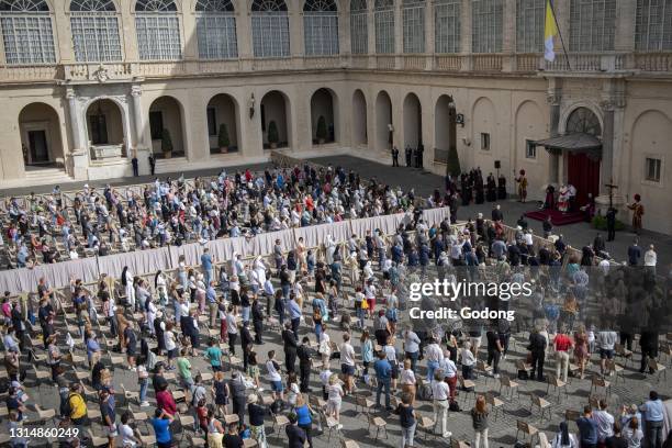 General view of San Damaso courtyard during Pope Francis audience at the San Damaso courtyard in The Vatican on September 2, 2020 during the COVID-19...