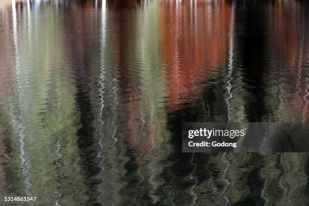 The Green Lake in autmn. Lake reflection of the lakeshore forest. French Alps. France.