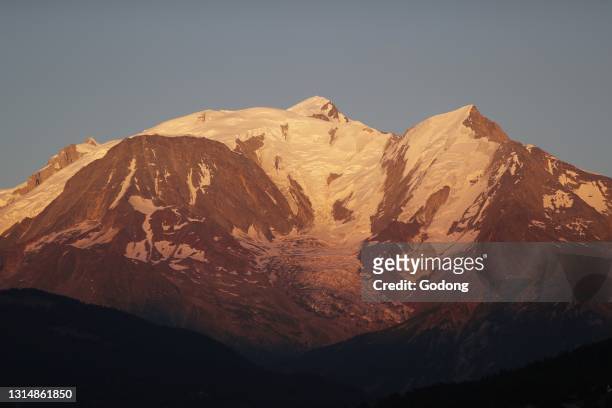 Sunset on the Mont Blanc massif, the highest mountain of Europe. France.