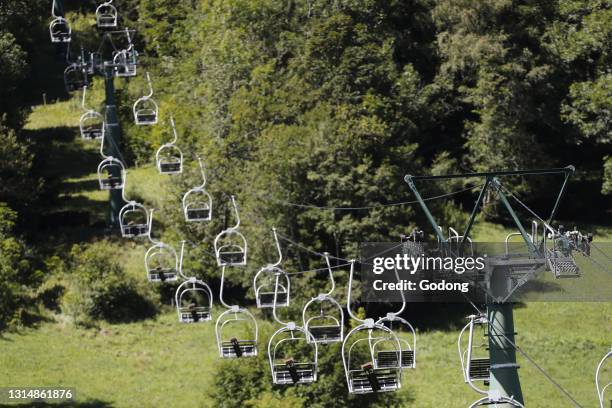 Old chair lift in summer. French Alps. France.