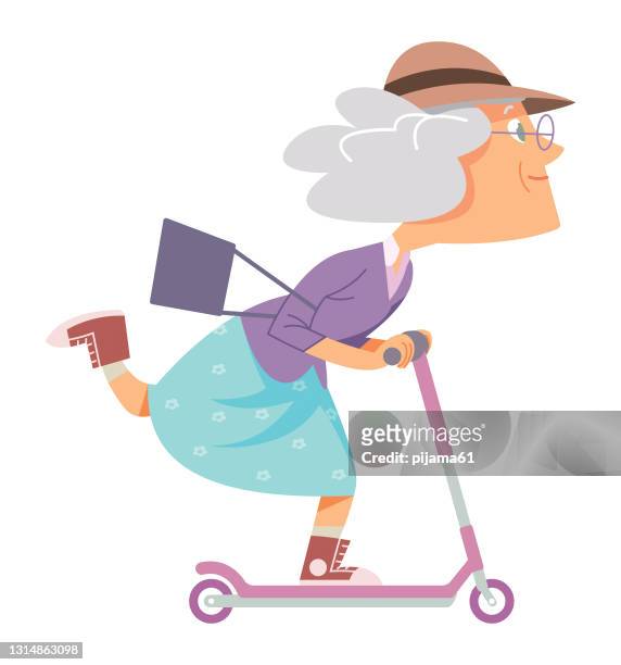陽気な高齢の女性はスクーターに乗ります - 80s点のイラスト素材／クリップアート素材／マンガ素材／アイコン素材