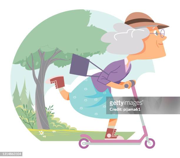 bildbanksillustrationer, clip art samt tecknat material och ikoner med äldre kvinna rider en scooter - pensionering