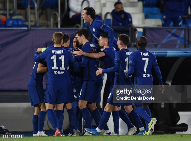 Chelsea players celebrates after scoring their opening goal during the UEFA Champions League Semi Final First Leg match between Real Madrid and...