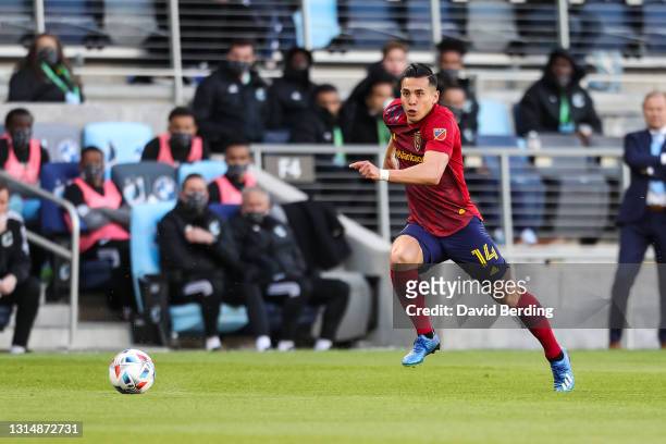 Rubio Rubin of Real Salt Lake dribbles the ball against Minnesota United in the first half of the game at Allianz Field on April 24, 2021 in St Paul,...