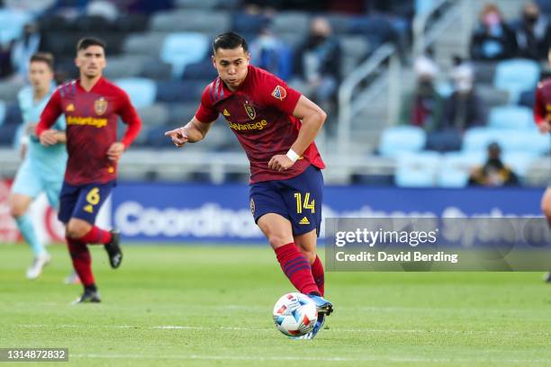 Rubio Rubin of Real Salt Lake passes the ball against Minnesota United in the first half of the game at Allianz Field on April 24, 2021 in St Paul,...