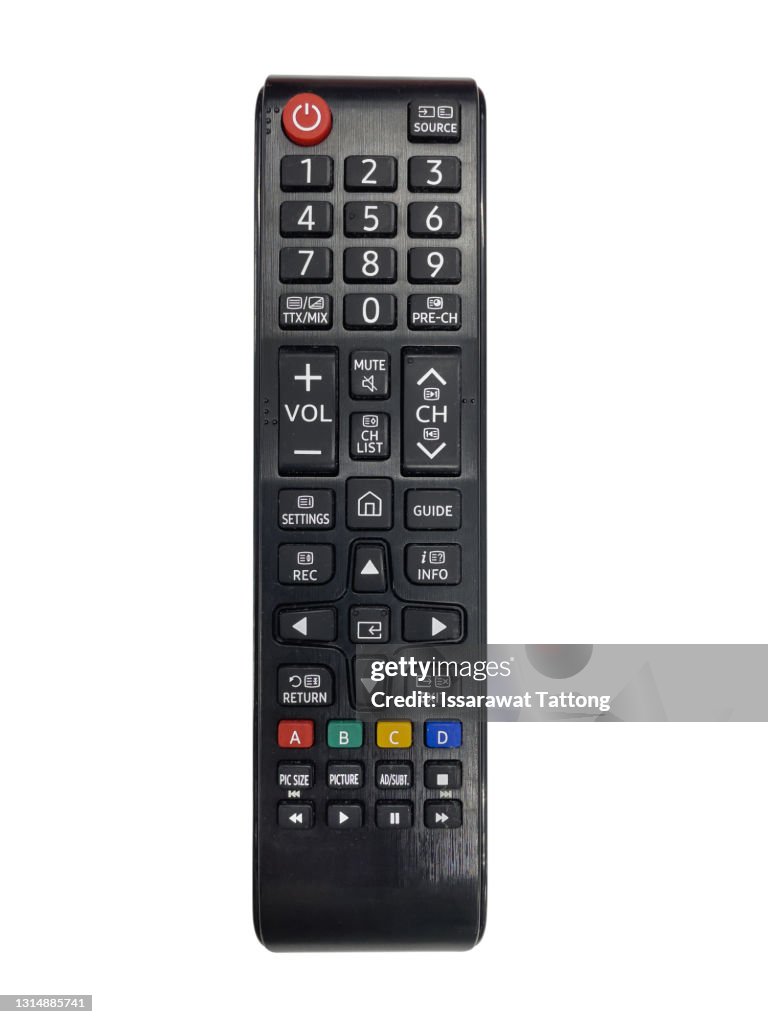 Vertical view, Black appliances remote control on white background.