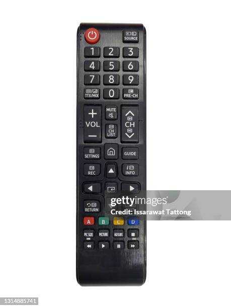 vertical view, black appliances remote control on white background. - remote imagens e fotografias de stock