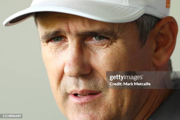 Giants head coach Leon Cameron talks to media during a GWS Giants AFL training session at Tom Wills Oval on April 28, 2021 in Sydney, Australia.