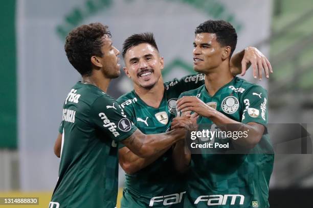 Danilo Barbosa da Silva of Palmeiras celebrates with teammates after scoring the fifth goal of his team during a match between Palmeiras and...