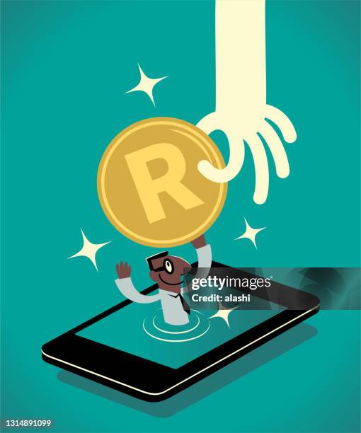 the big hand is giving south african rand currency to a small businessman turning up on a smartphone screen - am rand stock illustrations
