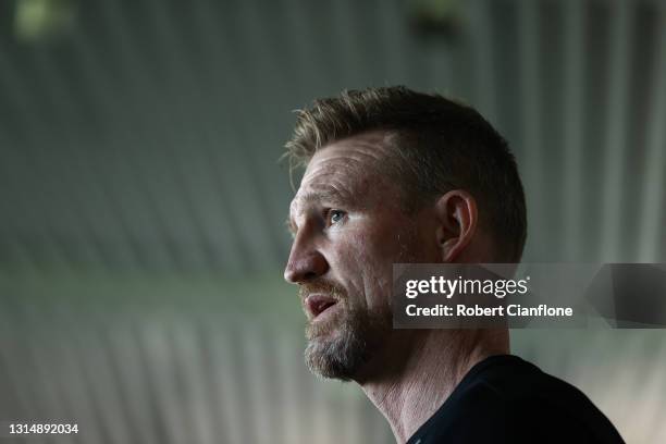 Magpies coach, Nathan Buckley speaks to the media after a Collingwood Magpies AFL training session at Holden Centre on April 28, 2021 in Melbourne,...