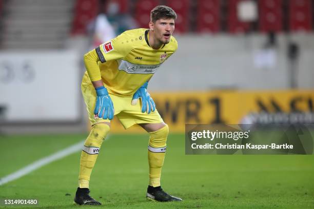 Gregor Kobel of VfB Stuttgart looks on during the Bundesliga match between VfB Stuttgart and VfL Wolfsburg at Mercedes-Benz Arena on April 21, 2021...
