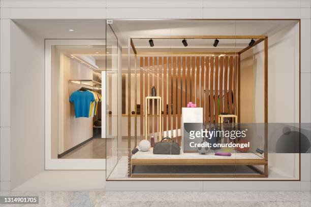 exterior of sports shop with sports balls, backpacks, and other sports equipments displaying in showcase - store window stock pictures, royalty-free photos & images