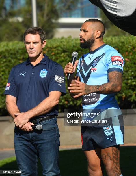 Brydens Lawyers NSW Blues Coach Brad Fittler and Brydens Lawyers NSW Blues Representative Josh Addo-Carr are seen during the 2021 State or Origin...