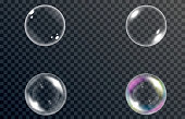 Vector set of soap bubbles. Bubbles of different types. Bubble, soap, foam, detergent, glare
