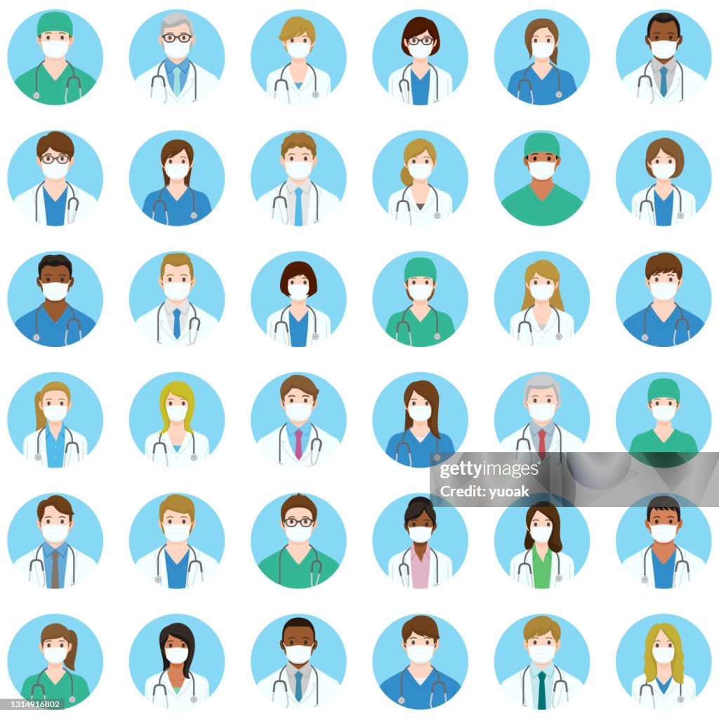 Set of doctors and nurses avatar icons in medical masks.