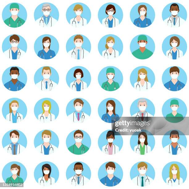 set of doctors and nurses avatar icons in medical masks. - japan old lady stock illustrations