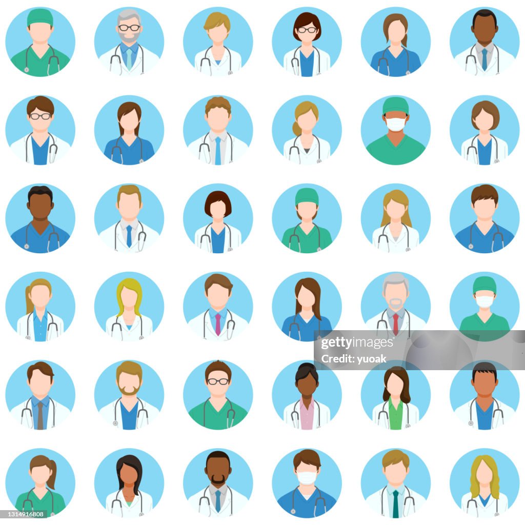 Set of doctors and nurses avatar icons.