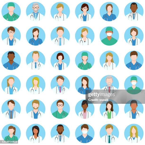 set of doctors and nurses avatar icons. - surgical mask stock illustrations