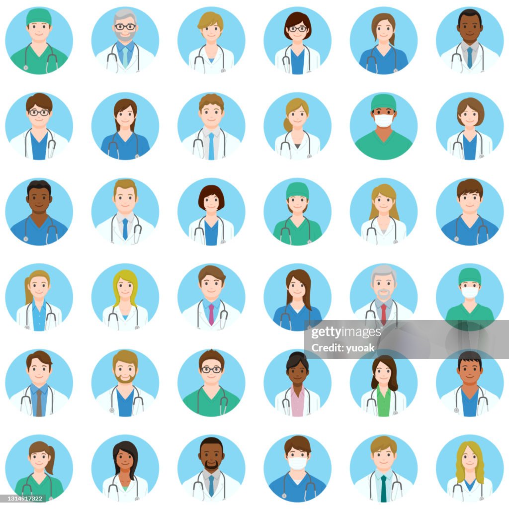 Set of doctors and nurses avatar icons.