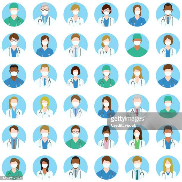 set of doctors and nurses avatar icons in medical masks. - japan and medical and hospital stock illustrations
