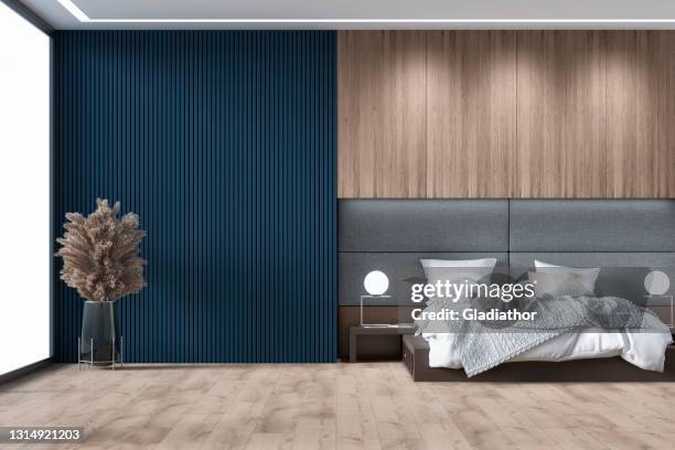 luxury bedroom with decoration and copy space - navy blue wall stock pictures, royalty-free photos & images