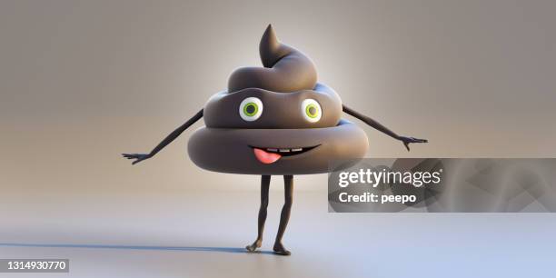 poop emoji with arms and legs, teeth and tongue sticking out standing against plain background - three dimensional icons stock pictures, royalty-free photos & images