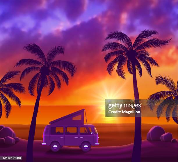 van with surfboard on beautiful tropical beach with palm trees and sunset - driving sunset stock illustrations