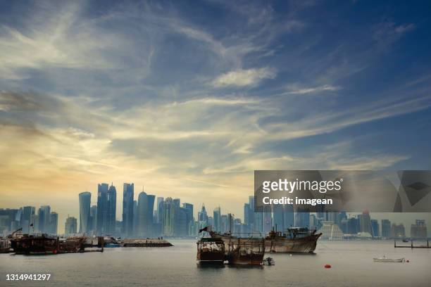 doha skyline - dhow doha stock pictures, royalty-free photos & images