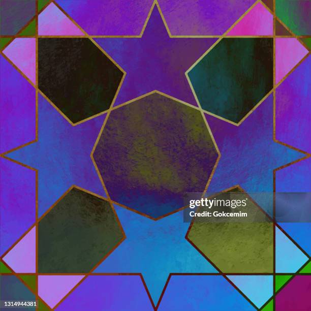 ilustraciones, imágenes clip art, dibujos animados e iconos de stock de fondo geométrico multicolor abstracto. invitación metálica, folleto o banner con estilo geométrico minimalista. mosaico geométrico árabe de lisboa, ornamento mediterráneo. plantilla de tarjeta de felicitación, fondo de pantalla de moda vectorial, p - cultura tunecina